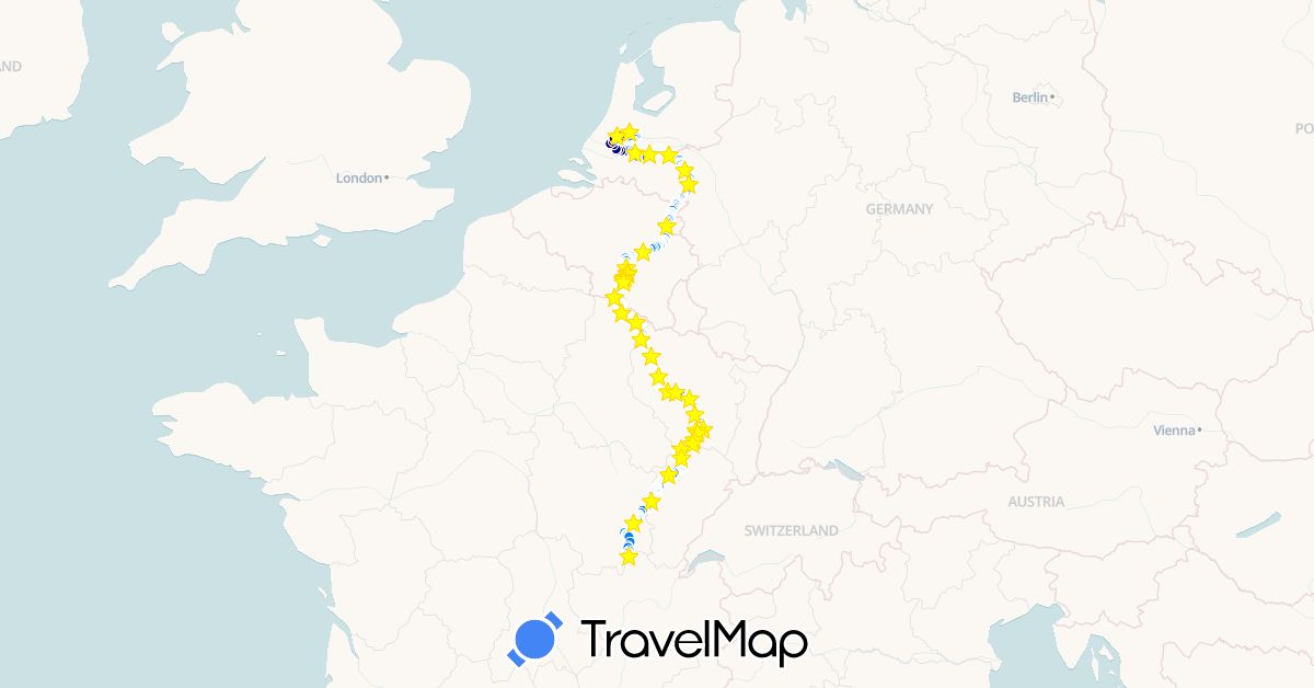 TravelMap itinerary: driving, fluvial in Belgium, France, Netherlands (Europe)